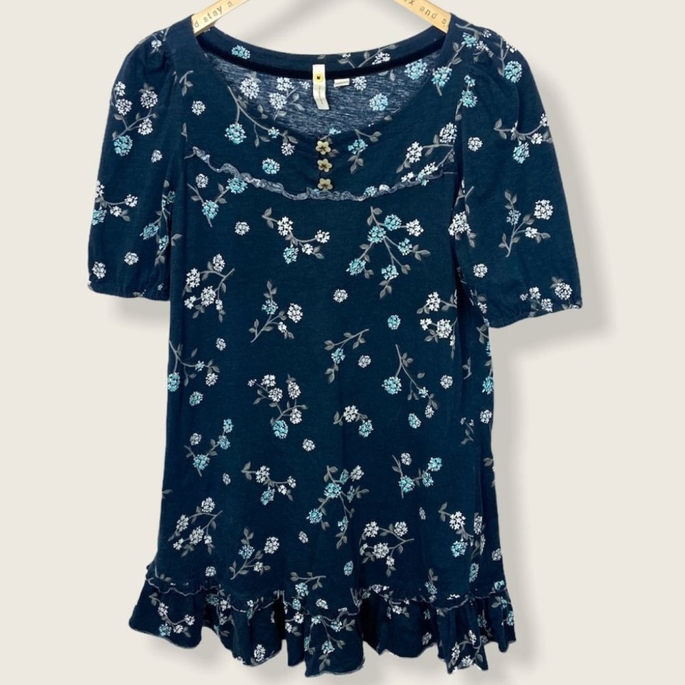 Anthropologie Blue Floral Print Mini‎ Dress Ruffle Size Small Bohemian Boho S